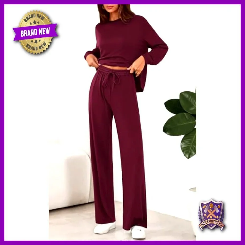 Women's 2-Piece Lounge Set Long Sleeve Crewneck Wide Leg Pants Loose Fit